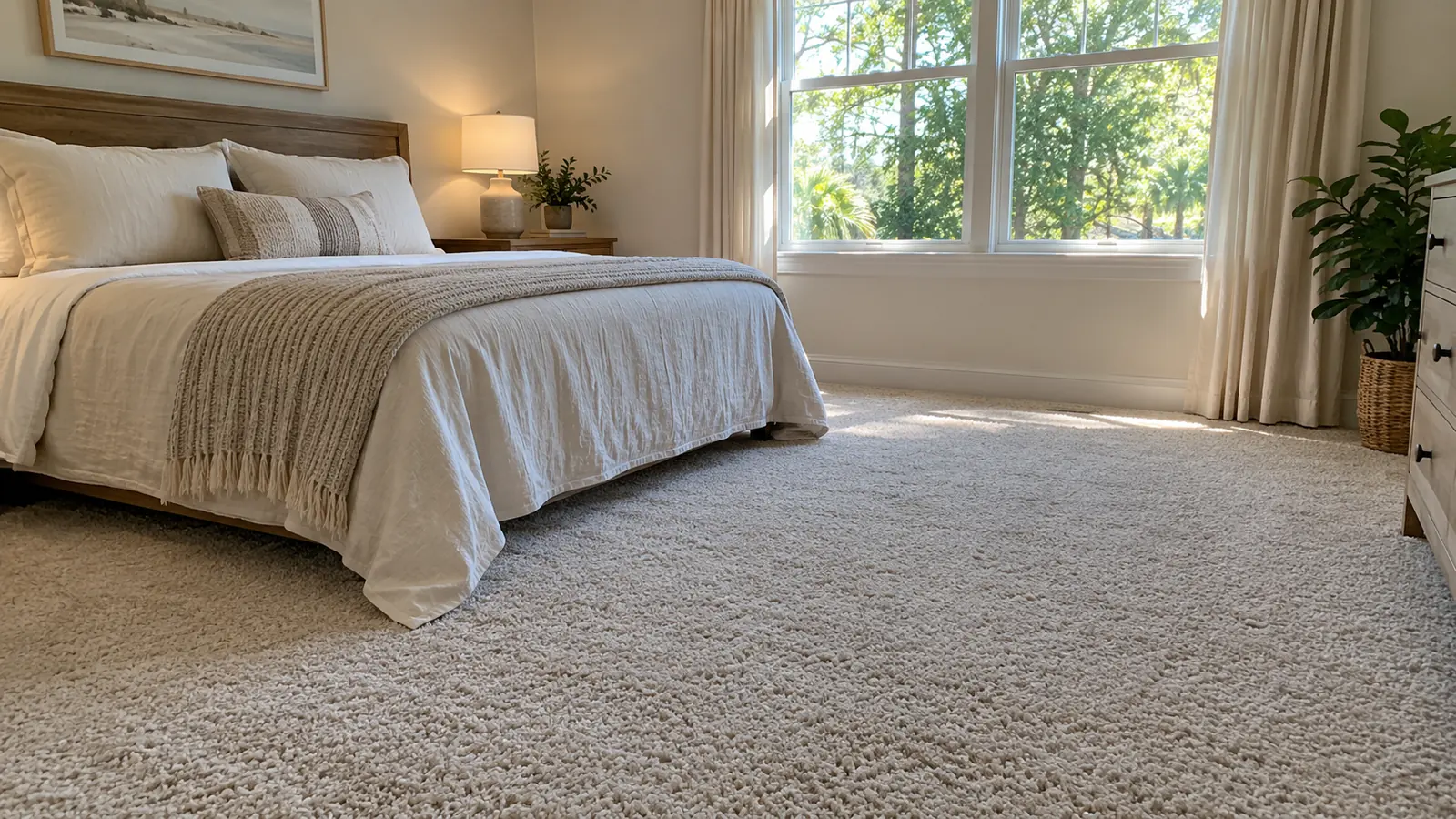 Neutral carpet flooring in a sunlit bedroom