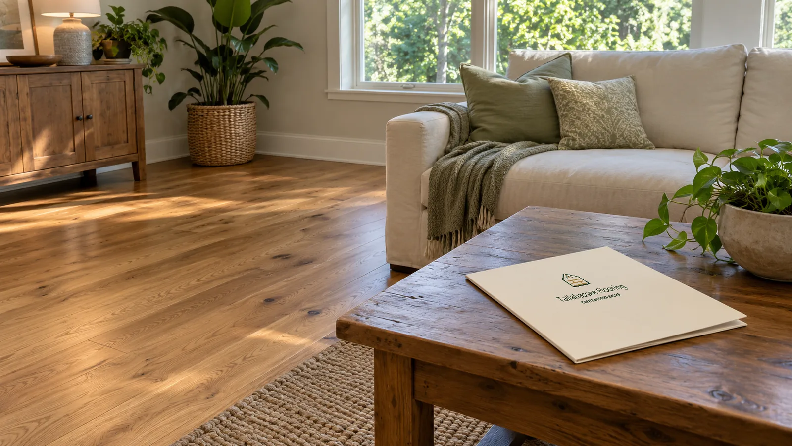 Warm wood flooring in a living room with samples on a table