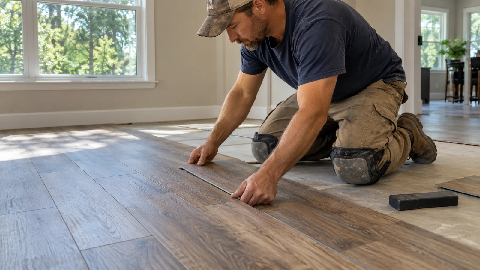 Installer checking a vinyl plank floor near a doorway